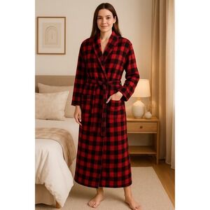 Alexander Del Rossa Unisex Medium Buffalo Plaid Cotton Robe Red Black Flannel‎